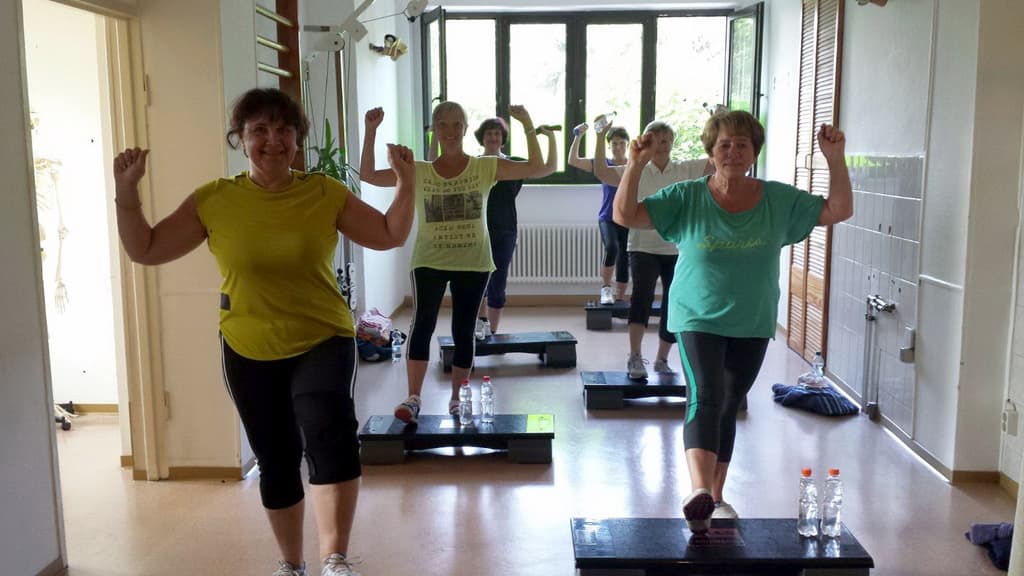 Sechs Teilnehmerinnen eines Kurses auf Steppbrettern im Gymnastikraum der Praxis, mit Sprossenwand und hohen Fenstern